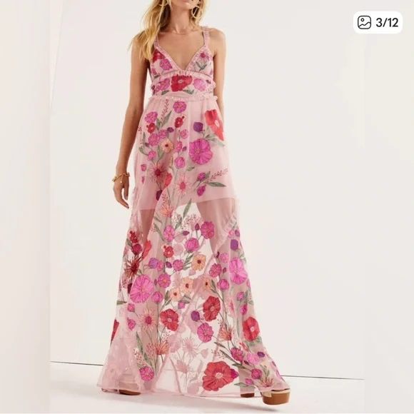 For Love And Lemons Pink Floral Mesh Backless Dress **MISSING THE SLIP*** - Picture 2 of 13